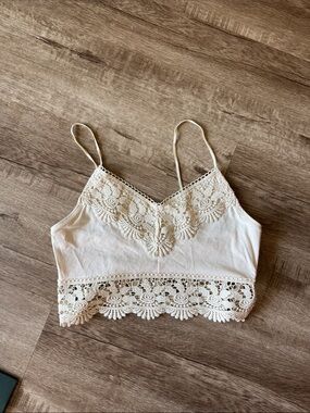 Topshop Cream Lace-Trim Spaghetti Strap Cami